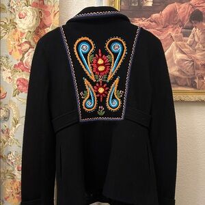 Free People Black Embroidered Jacket with Silver Buttons